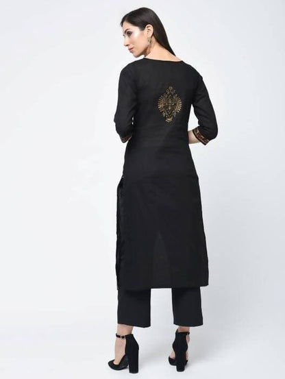 Aniyah Cotton Block Printed Latest Black Straight Kurta (AN-122K)