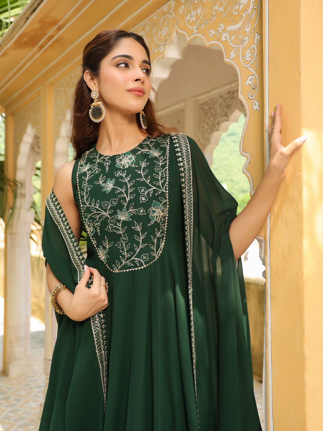 Janasya Dark Green Georgette Embroidered Dress & Jacket