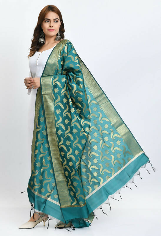 Mominos Fashion Moeza Women's Banarsi Silk Floral Woven Design Rama Green Dupatta