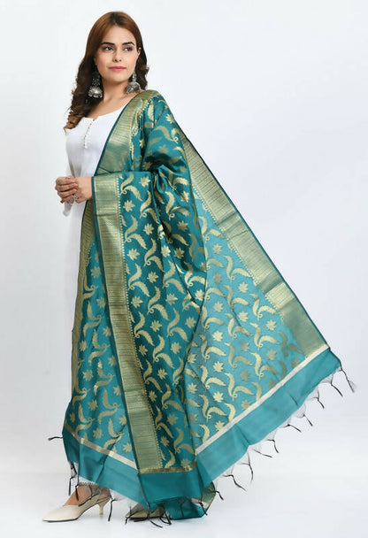 Mominos Fashion Moeza Women's Banarsi Silk Floral Woven Design Rama Green Dupatta