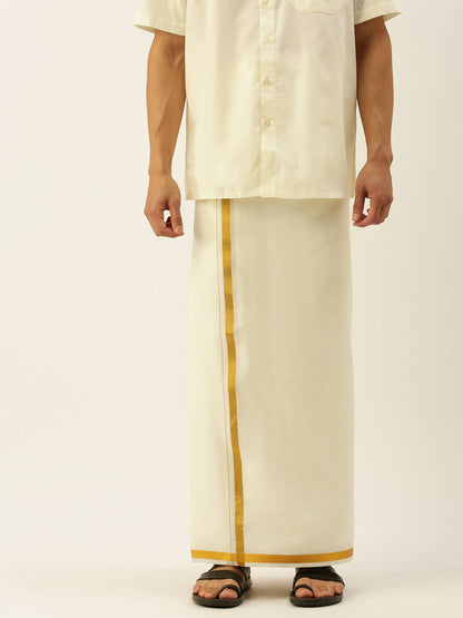 Ramraj Cotton Mens Poly Cotton 3/4 " Gold Jari Dhoti - Cream