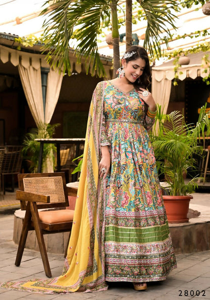 Wedding Designer Multi Soft Dola Silk Anarkali suit with Dupatta - Sanj
