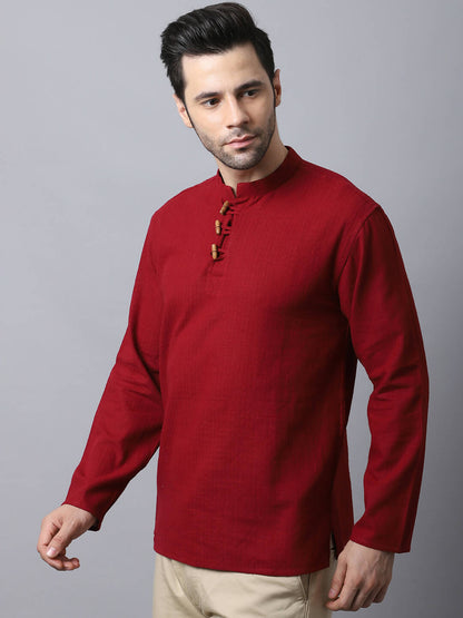 Even Apparels Maroon Pure Cotton Men's Kurta With Band Collar