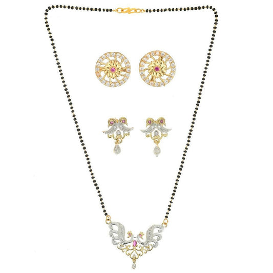 AanyaCentric Gold-Polished Mangalsutra with Pendant, 2 Pair Earrings