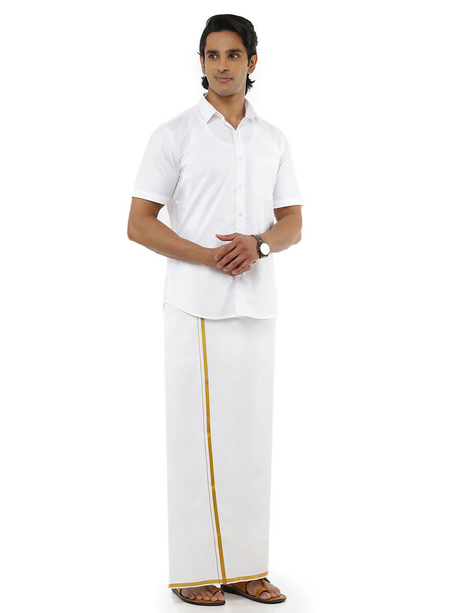 Ramraj Cotton Mens Poly Cotton 1/2" Gold Jari Dhoti - White