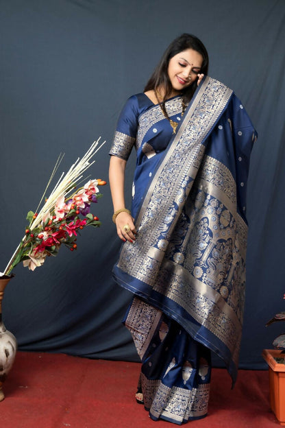 Jyoti Fashion Women's Navy Blue Paithani Silk Zari Woven Saree with Blouse