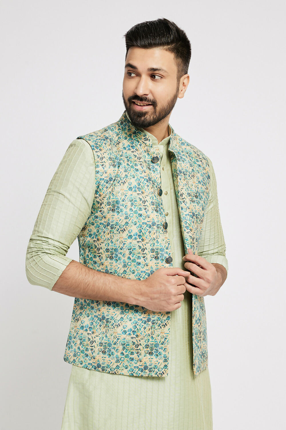 Ethnic India Blue Bundi Men's Jacket Geometric Polyester