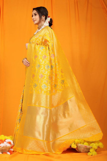 Jyoti Fashion Women's Yellow Kanjivaram Silk Zari Woven Saree with Blouse