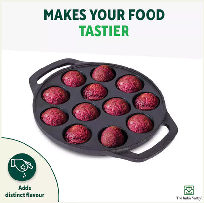 The Indus Valley 12 Pit/Cup CASTrong Cast Iron Kuzhi Paniyaram/Paddu Pan/Appe Maker, Pre-seasoned, 100% Pure, Toxin-free, Spatula, 21 cm, 2.2 kg