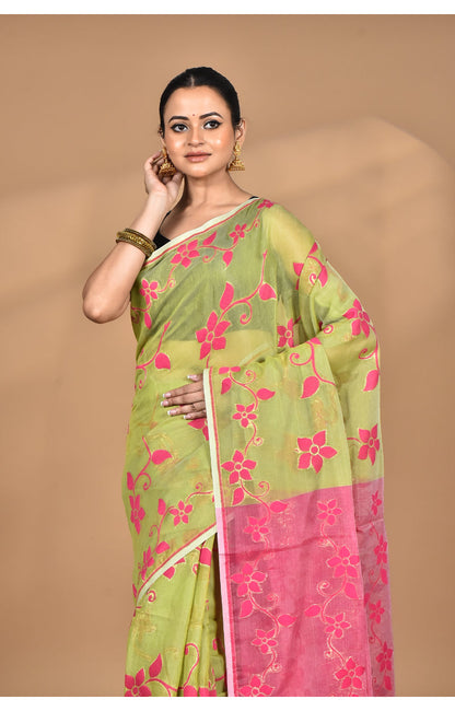 Morchari Pure Cotton Dhakai Jamdani Handloom Saree-Green