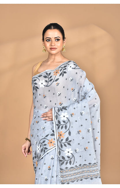 Morchari Pure Cotton Dhakai Jamdani Handloom Saree-Grey