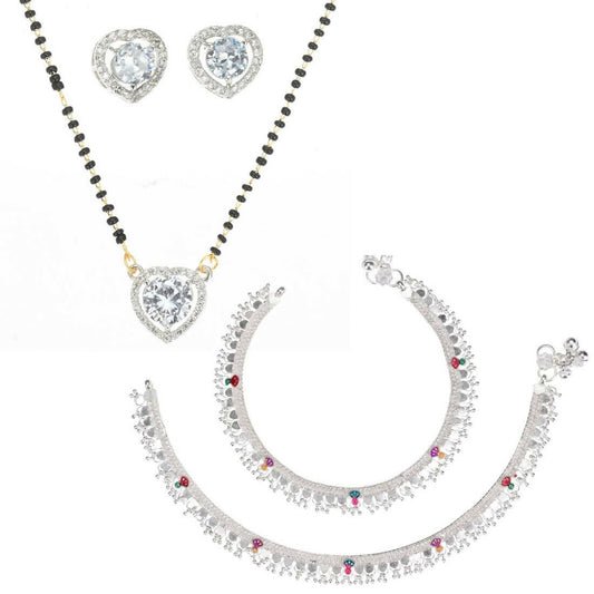 AanyaCentric Gold-Polished Mangalsutra Pendant Earring Set & Silver Plated Anklet