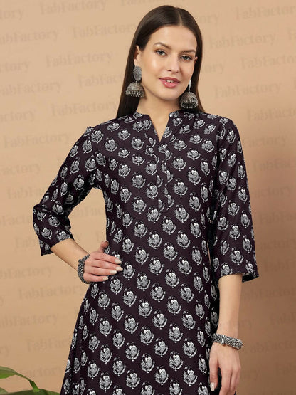 Vamika Poly Rayon Printed Wine Red Party Wear/Casual Wear/Office Wear Kurta Set/Suit