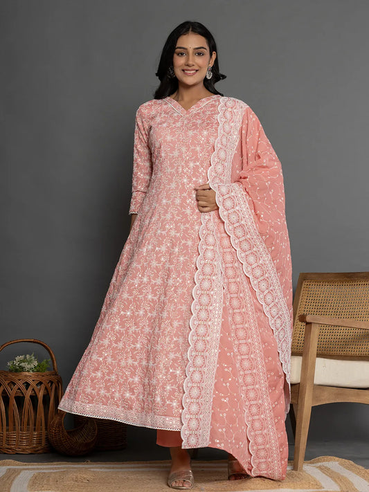 Yufta Peach Cotton Silk Embroidered Anarkali Kurta Dupatta Set