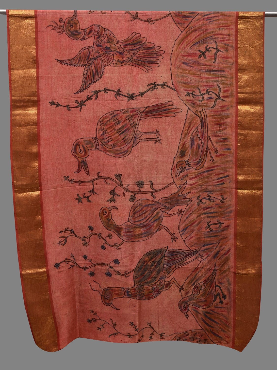 Peach Kalamkari Hand Painted Kanchipuram Silk Handloom Dupatta with Birds Design - Global Threads