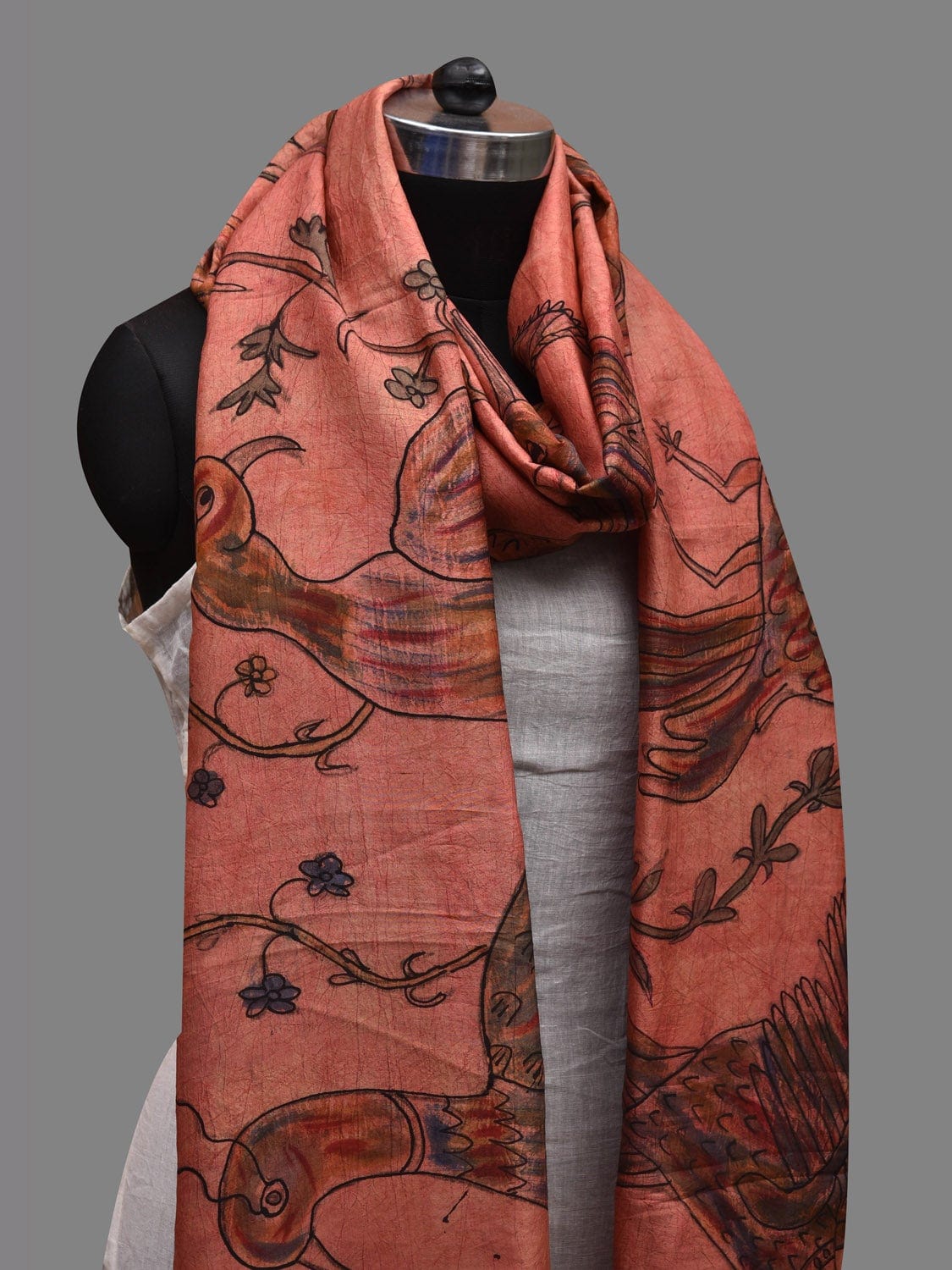 Peach Kalamkari Hand Painted Kanchipuram Silk Handloom Dupatta with Birds Design - Global Threads
