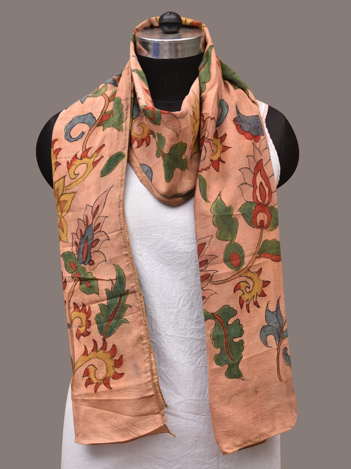 Peach Kalamkari Hand Painted Sico Stole with Floral and Birds Design - Global Threads