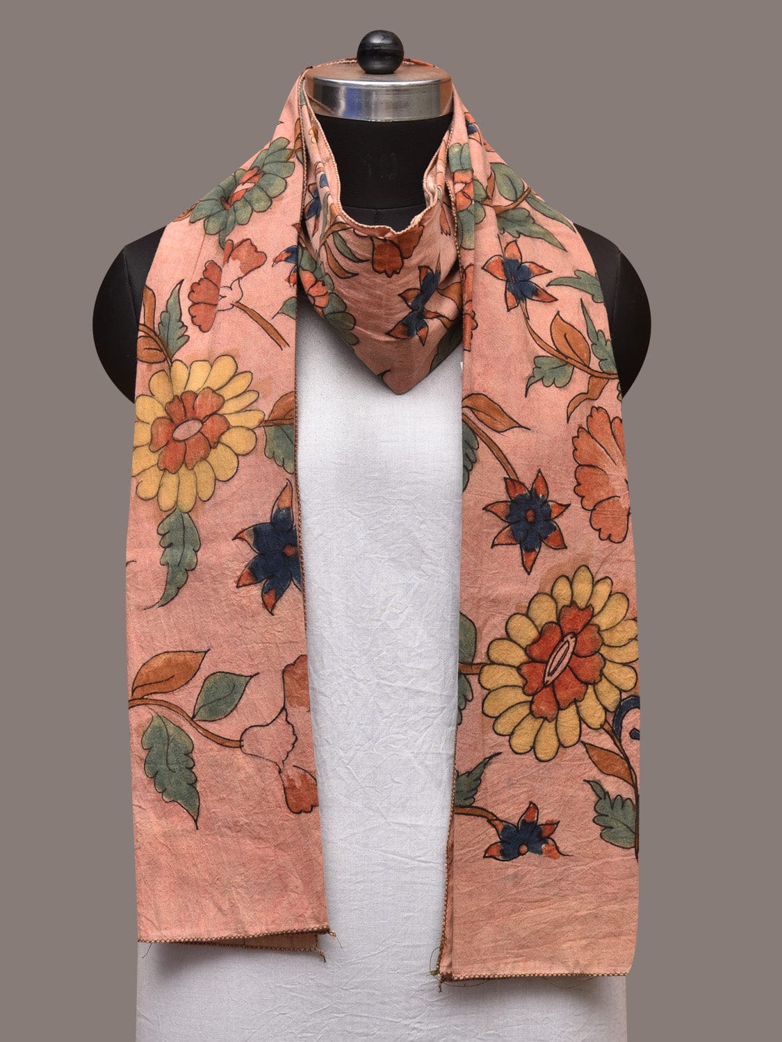 Peach Kalamkari Hand Painted Sico Stole with Floral Design - Global Threads