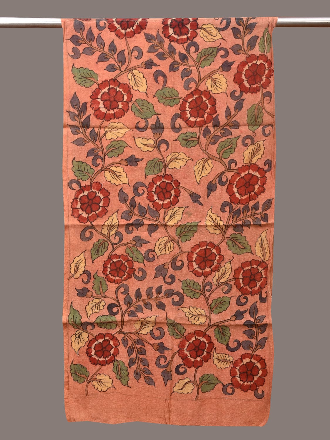 Peach Kalamkari Hand Painted Sico Stole with Flowers Design - Global Threads