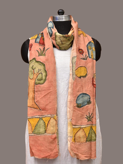 Peach Kalamkari Hand Painted Sico Stole with Village Theme Design - Global Threads