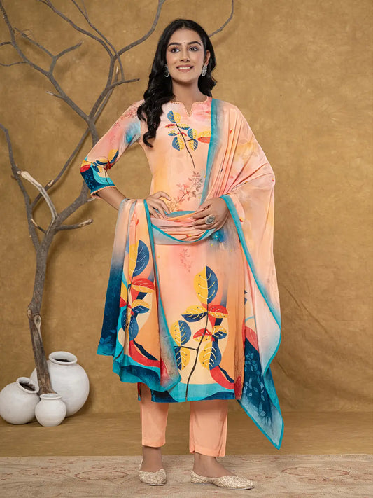 Yufta Peach Pure Crepe Placement Print Band Collar Kurta Dupatta Set