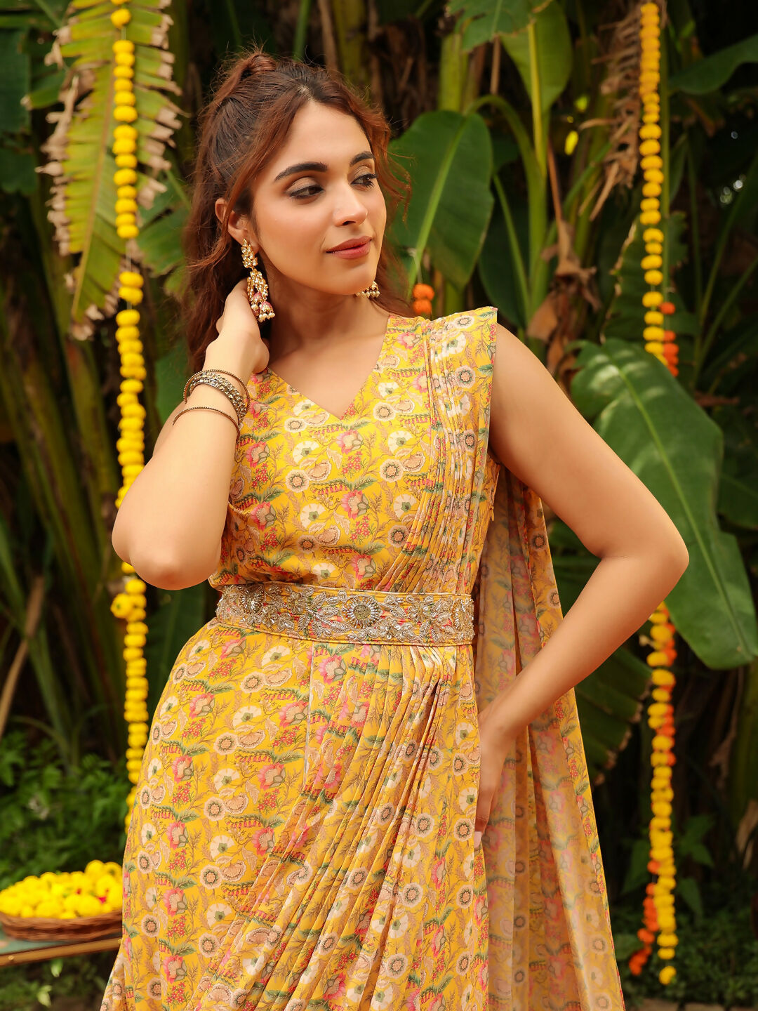 Janasya Mustard Georgette Floral Saree