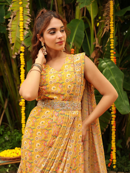 Janasya Mustard Georgette Floral Saree