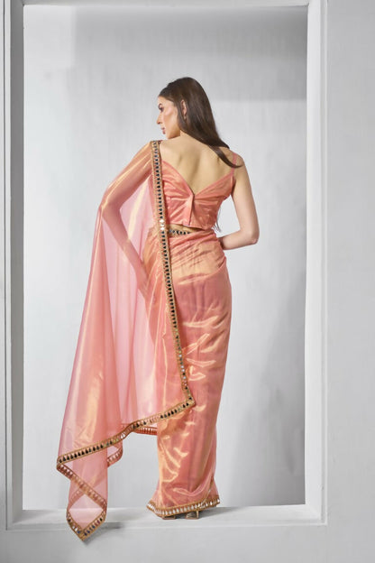 Orange Gold Tissue Net Solid & Gold Cotted Saree - Samaa