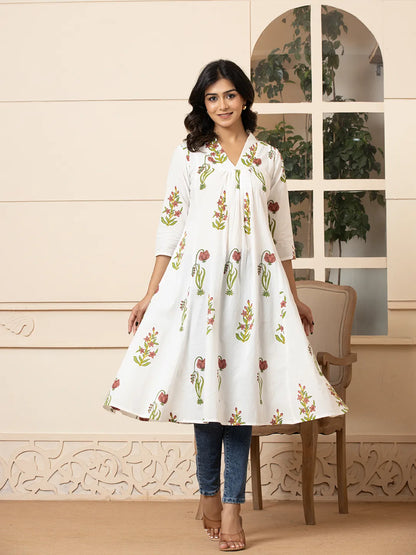 Yufta Pink & White Cotton Floral Print Aline Kurta