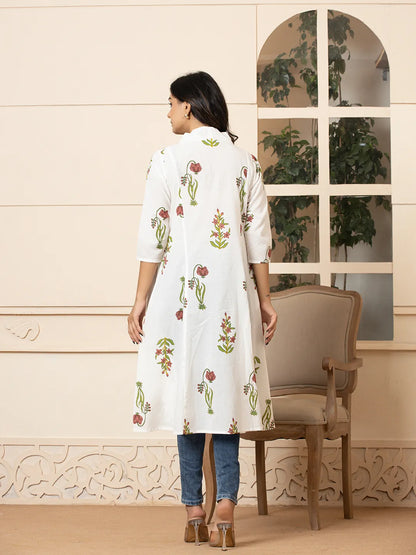 Yufta Pink & White Cotton Floral Print Aline Kurta