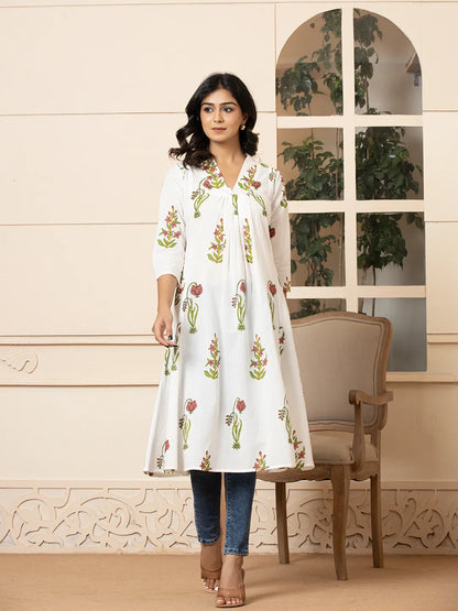 Yufta Pink & White Cotton Floral Print Aline Kurta