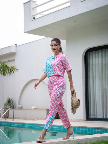 Yufta Pink And Blue Crop Top And Trouser Co Ord Set