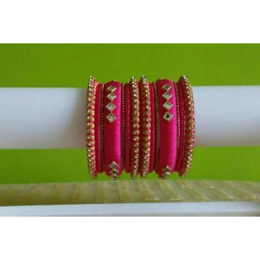 Pink Color with Diamond Shape Stone Silk Threaded Bangles Set of 2
