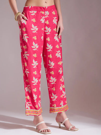 Yufta Pink Cotton Lace Work Kurta Set With Pant Dupatta