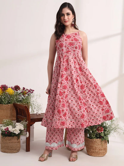Yufta Pink Floral Print Anarkali Kurta And Trouser With Dupatta Set