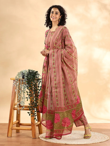 Yufta Pink Floral Print Sequins Work Anarkali Kurta And Trouser With Dupatta Set
