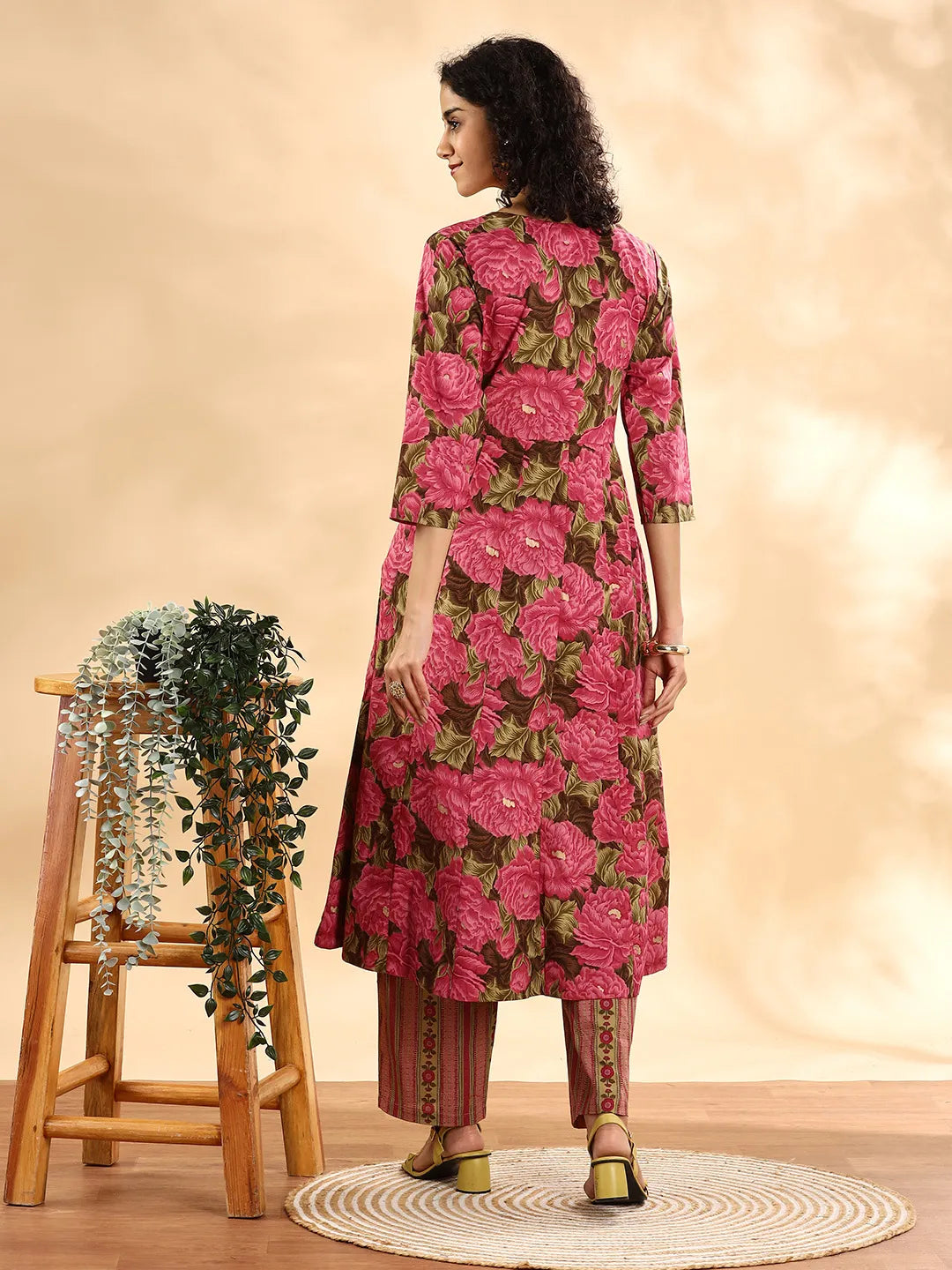 Yufta Pink Floral Print Sequins Work Anarkali Kurta And Trouser With Dupatta Set