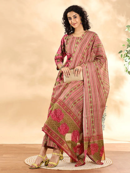Yufta Pink Floral Print Sequins Work Anarkali Kurta And Trouser With Dupatta Set