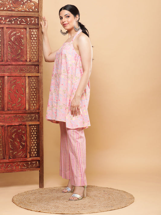 BohoJazz Pink Vacay Halter Top with Comfort Pants Co-ord Set