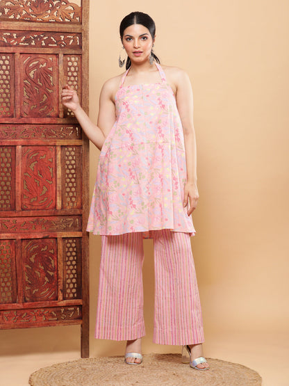 BohoJazz Pink Vacay Halter Top with Comfort Pants Co-ord Set