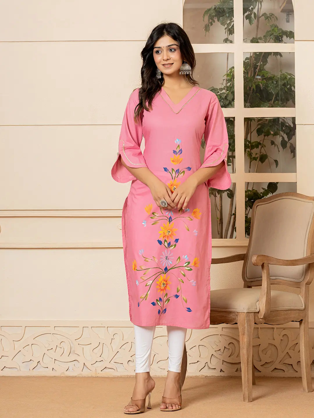 Yufta Pink Hand Painted Straight Kurta