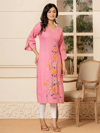 Yufta Pink Hand Painted Straight Kurta
