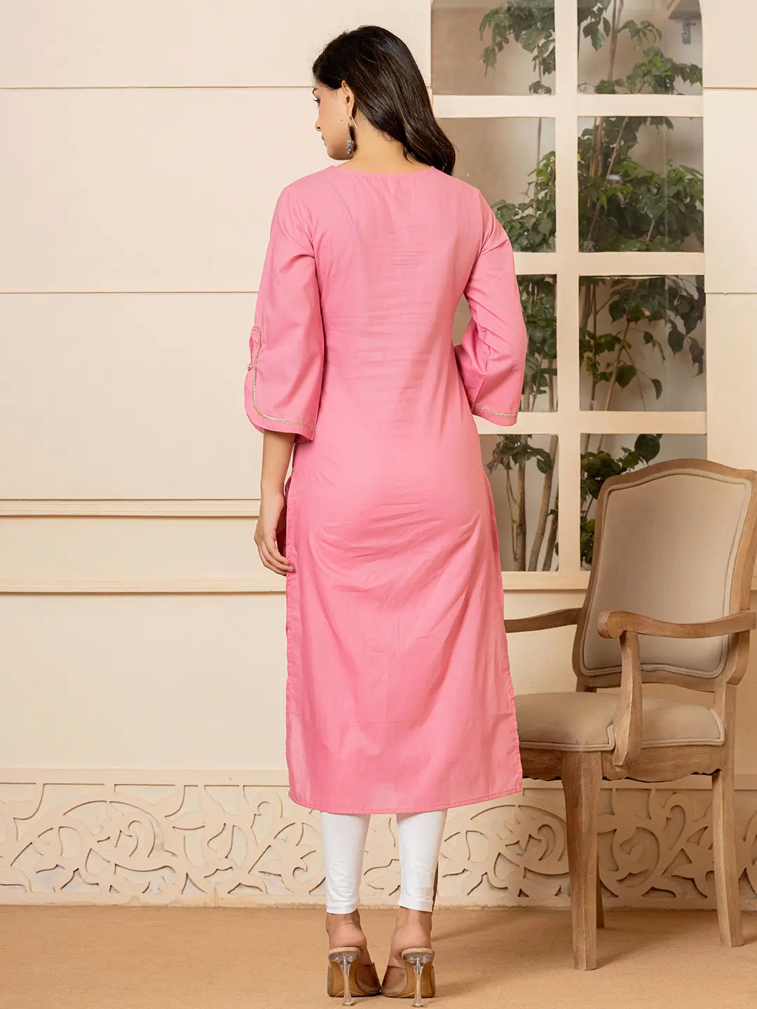 Yufta Pink Hand Painted Straight Kurta