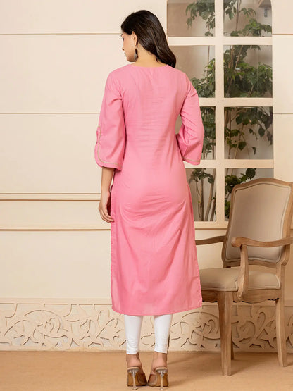 Yufta Pink Hand Painted Straight Kurta