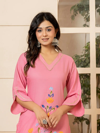 Yufta Pink Hand Painted Straight Kurta