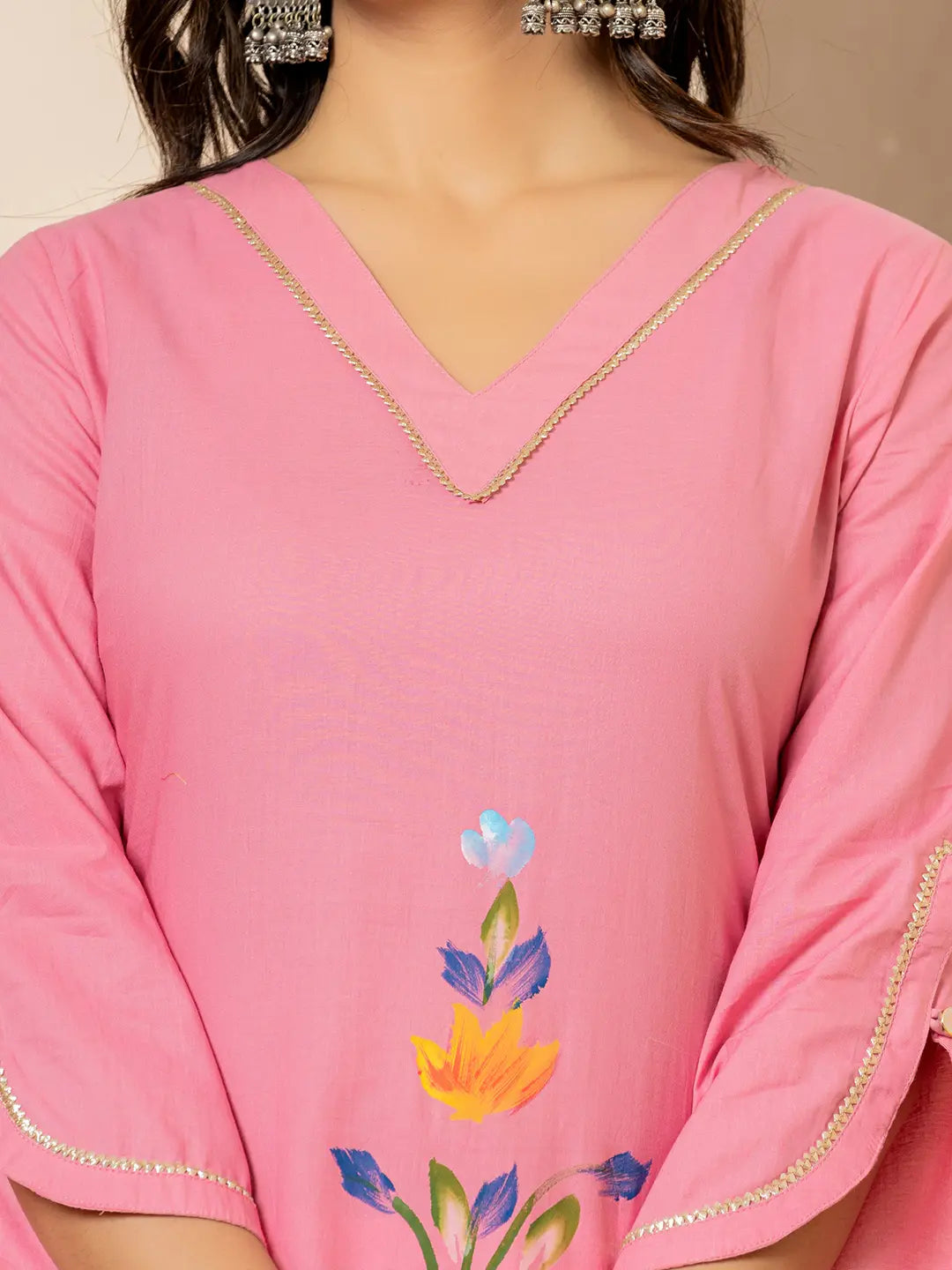 Yufta Pink Hand Painted Straight Kurta