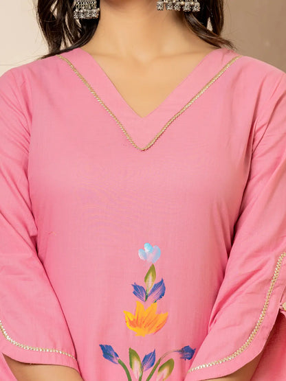 Yufta Pink Hand Painted Straight Kurta