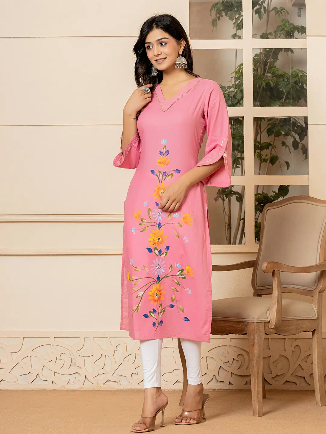 Yufta Pink Hand Painted Straight Kurta