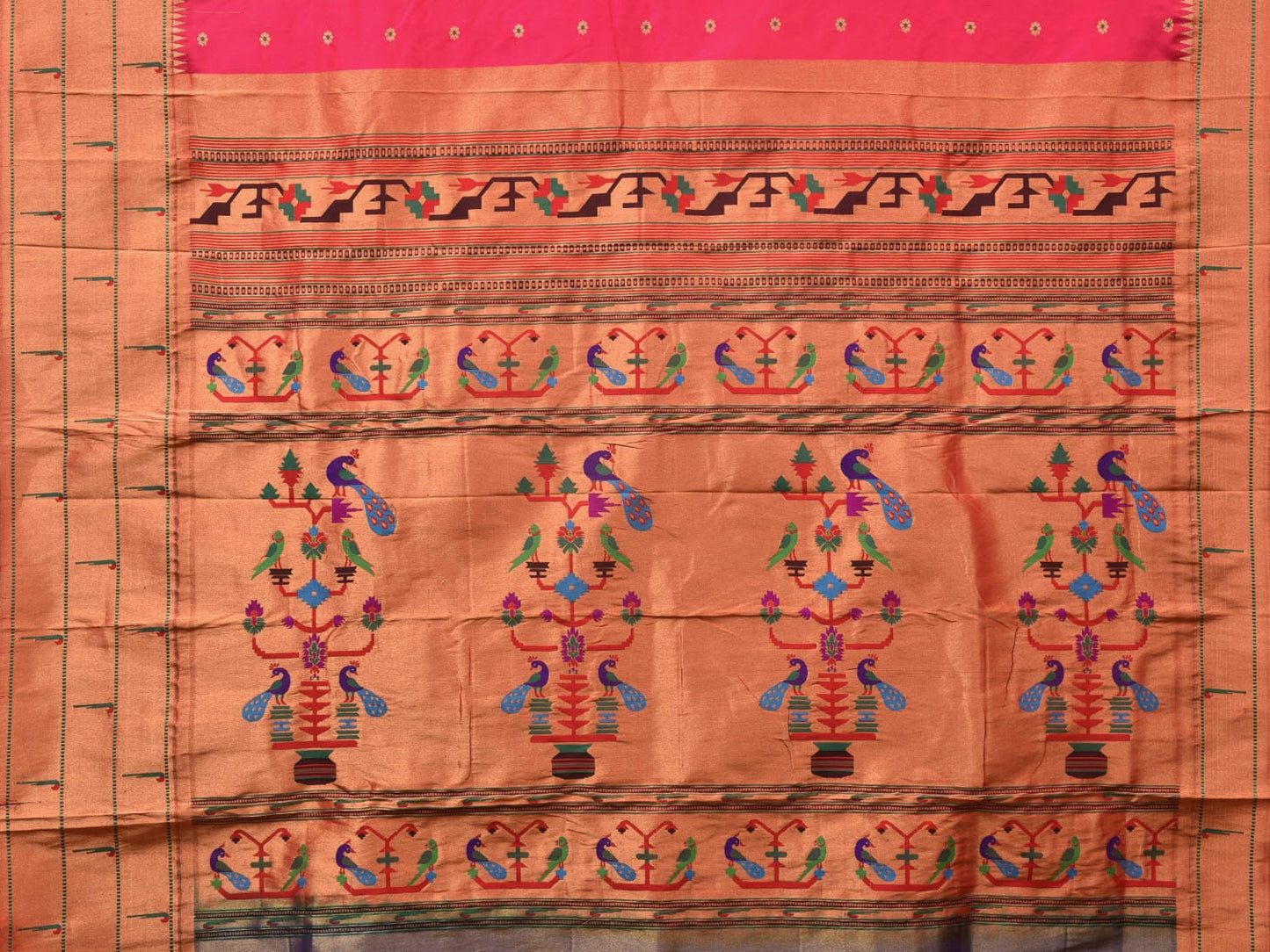 Pink Paithani Silk Handloom Saree with Triple Muniya Border Design - Global Threads