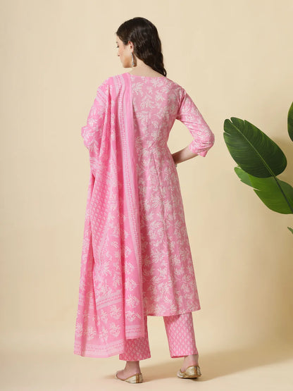 Yufta Pink Pure Cotton Anarkali Piping Kurta Dupatta Pant Set